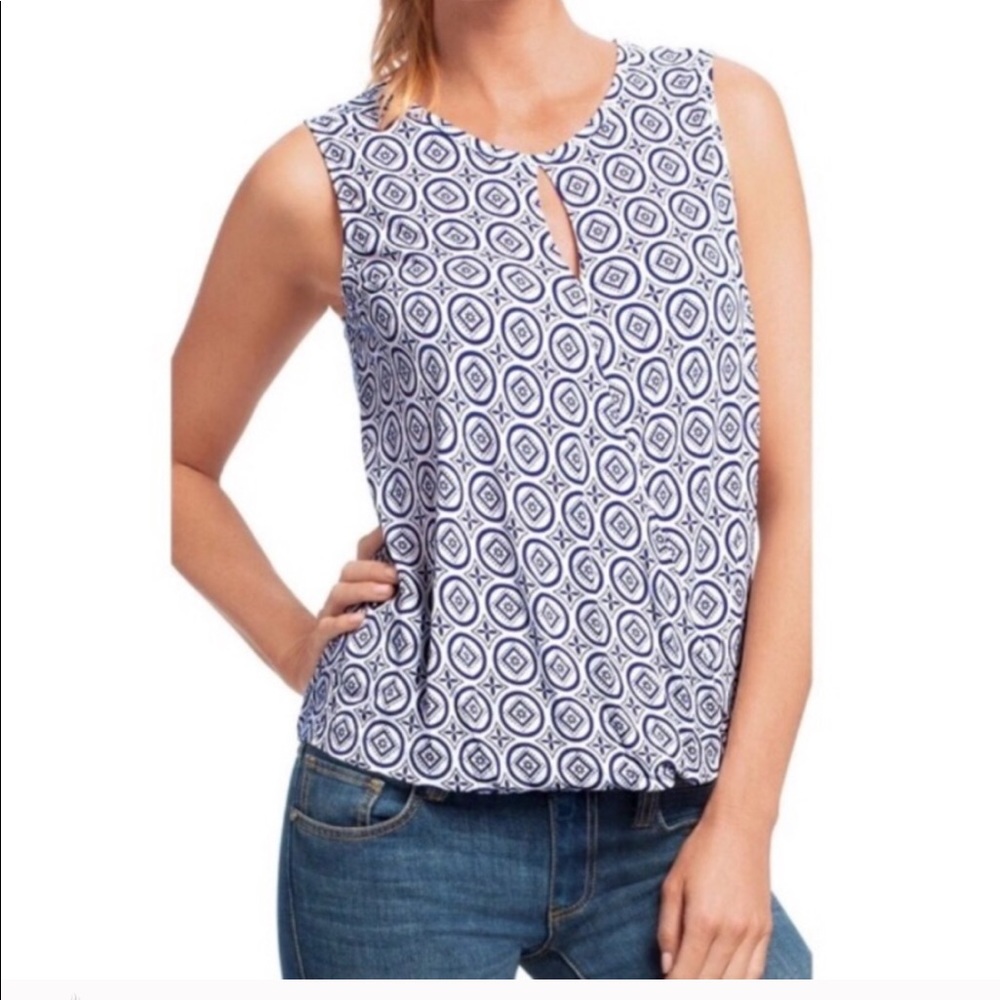 CAbi Medallion Crossover Faux Wrap Top Blue White